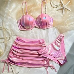3pc Iridescent Shell Cup Top Bikini W/Freshwater Pearls & Drawstring Ruching (L)